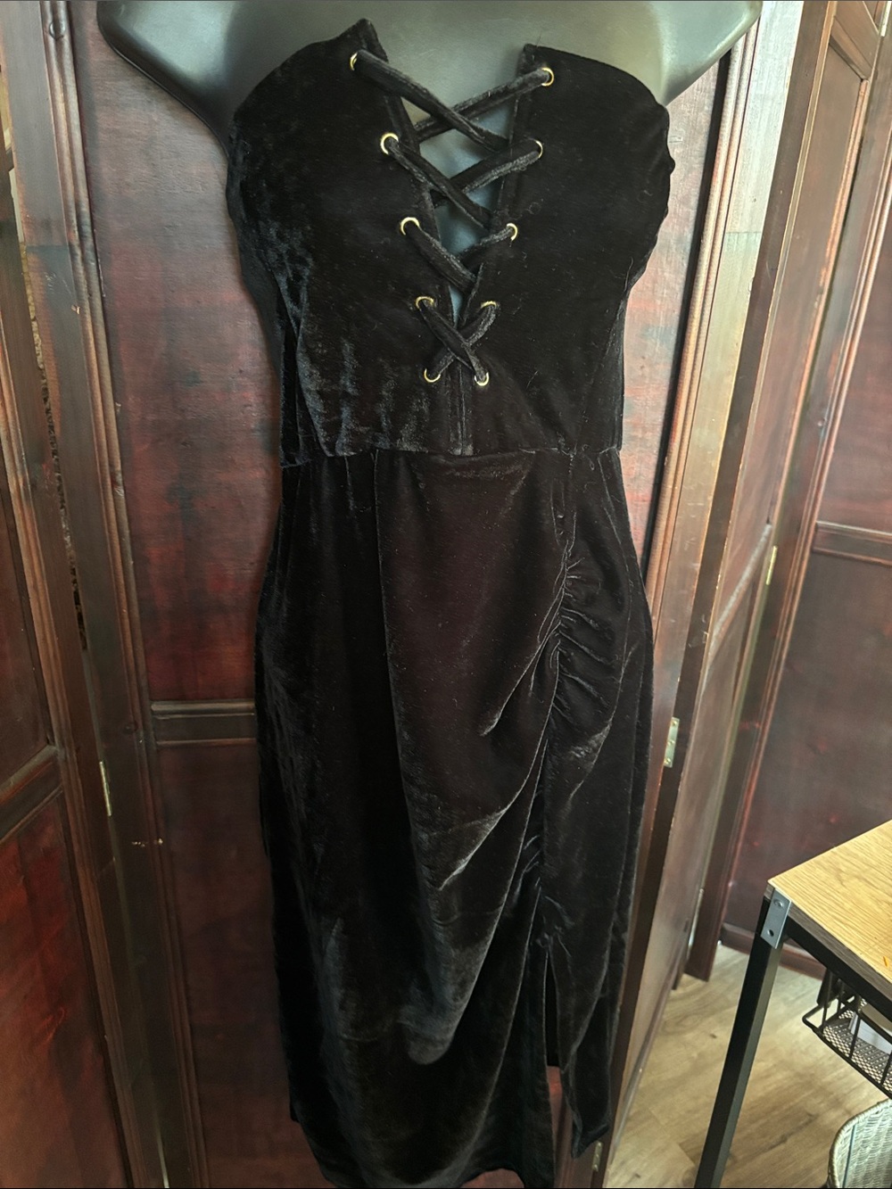 Velvet Black Strapless Velvet Lace-Up front detail Dress